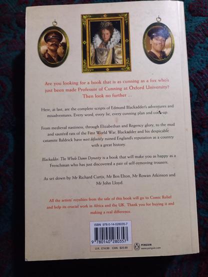 The back cover of Blackadder, The Whole Damn Dynasty (1485 - 1917), Penguin Books, 1999