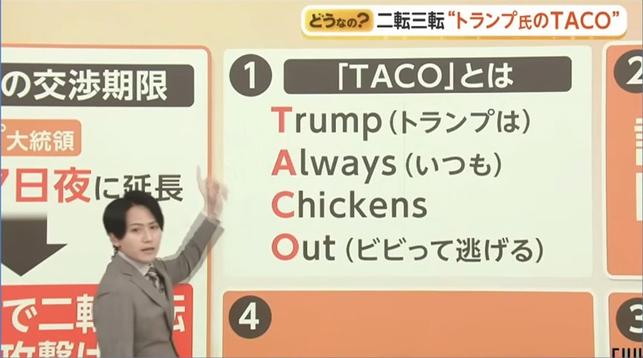 A Japanese TV person explaining what TACO means | Jimmy Kimmel Live

https://www.youtube.com/watch?v=EyCSHUZ3BOI