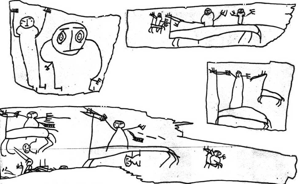 The drawings of a 7 year old boy in black and white.