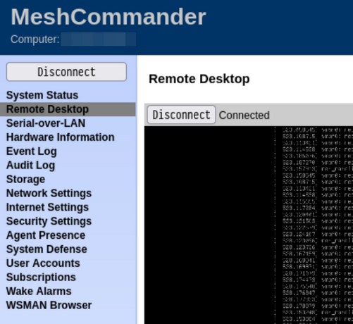 Screenshot der MeshCommander Webconsole. Man erkennt ein ConfigMenü und eine Remote Desktop Ausgabe des verwalteten Rechners.