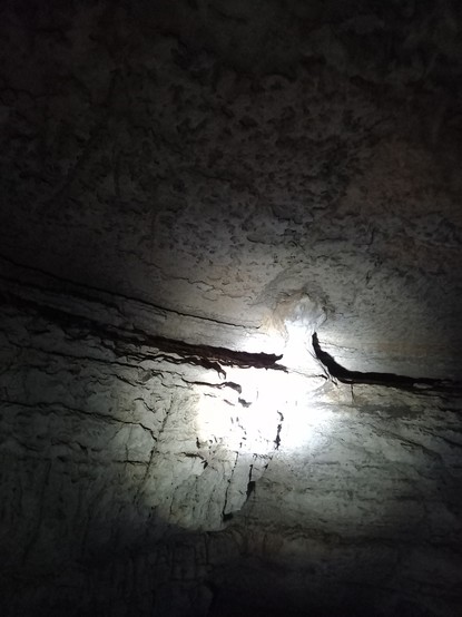 Bild aus der Höhle. Im oberen Bereich ist eine kleine Tropfsteinsäule im Lichtkegel.