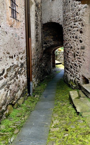 Narrow, stone-paved alleyway with moss-covered ground, flanked by rough stone walls, leading to an arched passage.