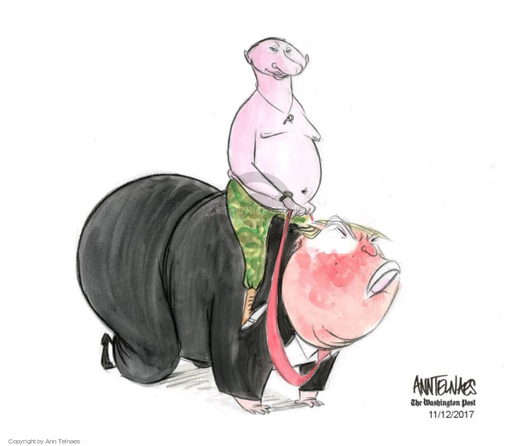 Poutine, torse nu et avec un pantalon de tenue militaire de camouflage, à cheval sur Trump à quatre pattes.