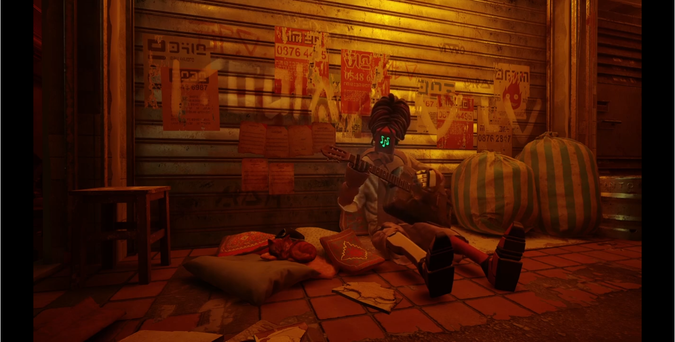 A screenshot of the video, since Invidious links don't seem to embed here the way youtube links do. Robot playing guitar from the game Stray. Click link in post body to watch/listen.