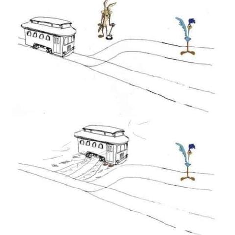 An illustration of the trolley problem. Wile E Coyote is pulling the lever, expecting it to divert the trolley to run over the roadrunner, who is standing on one of the tracks. However, pulling the lever somehow causes the trolley to jump the track and run over the coyote instead!