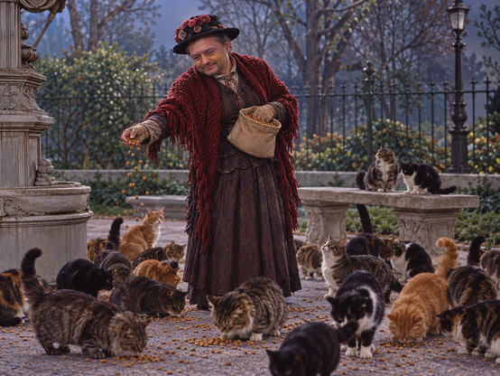The feed-the-birds park scene from the original Mary Poppins, but with cats. Fed by an aged Josh in the bird lady’s carpet clothes, a serene smile on his face.