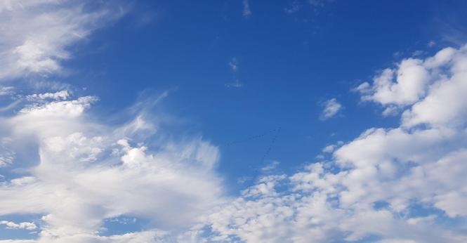 knallblauer Himmel und unterschiedliche knallweiße Wolkenarten, die einen klein und rundlich, die anderen dünn und fiedrig, Gänsezüge dazwischen