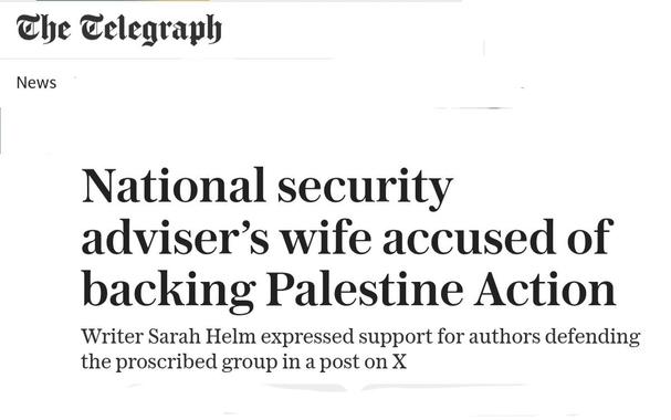 A screenshot of a news article from The Telegraph. The top left of the image displays the logo "The Telegraph" with the word "News" below it. The main headline, in large bold font, reads, "National security adviser’s wife accused of backing Palestine Action". Below this, a sub-headline states, "Writer Sarah Helm expressed support for authors defending the proscribed group in a post on X". The image consists of black text on a white background.