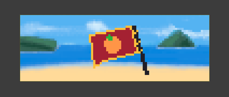 a single red flag with a crudely-drawn tangerine hangs from a black pole on a beach landscape. behind the flag, a green peninsula juts in from the left, and, on the right, a triangular island leans away from the viewer. it is a mildly cloudy day.