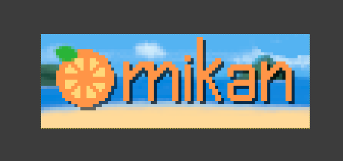 the same beach landscape from the first image now has has the proper fruit icon superimposed on it, to the left of a hand-drawn orange "mikan", in all lower-case sans-serif font.