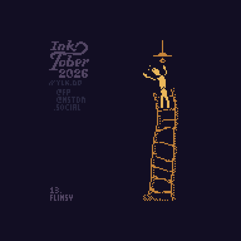 Pixel art of a person standing precariously on top of a flimsy and wobbly ladder trying to screw in a new light bulb into a lamp shade hanging from the ceiling