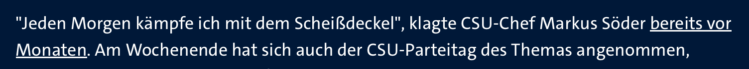 bild von folgenden text"Jeden Morgen kämpfe ich mit dem Scheißdeckel", klagte CSU-Chef Markus Söder bereits vor Monaten. Am Wochenende hat sich auch der CSU-Parteitag des Themas angenommen,