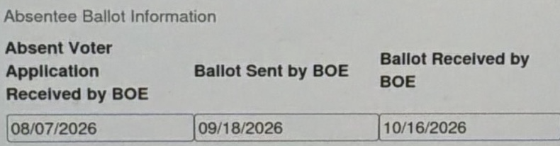Part of a screenshot from my Board of Elections website, confirming that my ballot for the US midterm election was received on October 16th.