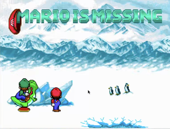 the splash screen opening of luigi on yoshi and mario and they are looking at a sign above floating in the air saying mario is missing which must be kinda disturbing for Mario there and there are penguins too