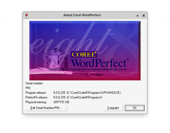 About page of Corel Wordperfect eight on Wine