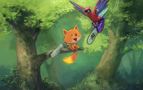 The Firefox mascot sits on a tree branch and happily saws the branch it is sitting on. They are joined by a cyber parrot who comes to help with a chainsaw labelled 'AI'.