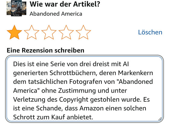 Dies ist eine Serie von drei dreist mit AI generierten Schrottbüchern, deren Markenkern dem tatsächlichen Fotografen von "Abandoned America" ohne Zustimmung und unter Verletzung des Copyright gestohlen wurde. Es ist eine Schande, dass Amazon einen solchen Schrott zum Kauf anbietet.