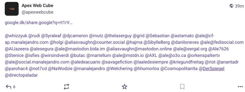 Ein Screenshot, der einen Post Zeit mit einem Google Share Link und einer Mention von vielen Accounts