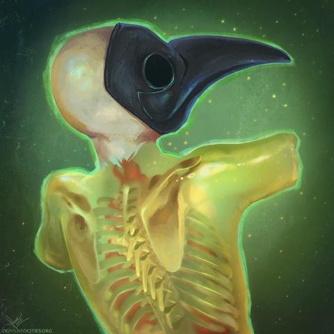 Portrait of a figure with black Plague Doctor mask, shown from the back. The body is made of translucent green-yellow wax and we can see the skeleton and a hint of the internal organs showing through. The background is a green sky full of stars.
