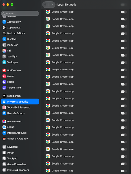 Screenshot of MacOS privacy settings for Local Network showing dozens of instances of Google Chrome.app