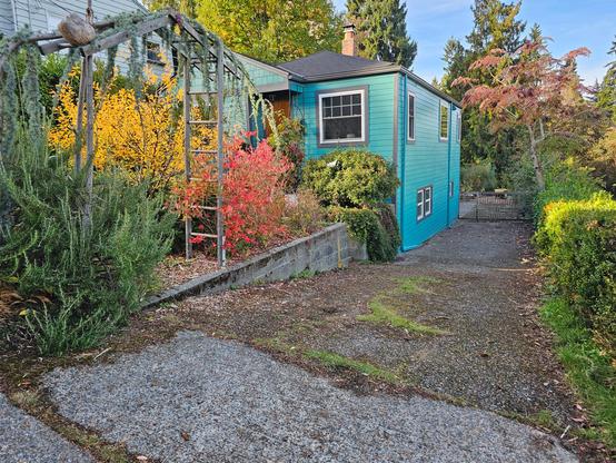 This is a side view of a formerly white house that has been repainted a teal color with dark gray trim.  You can see the top floor is at street level, and the bottom floor has actually been excavated, with the front part still below ground. The front yard is full of colorful shrubs and a trellised weeping blue Atlas cedar, so it is hard to photograph the front of the house.