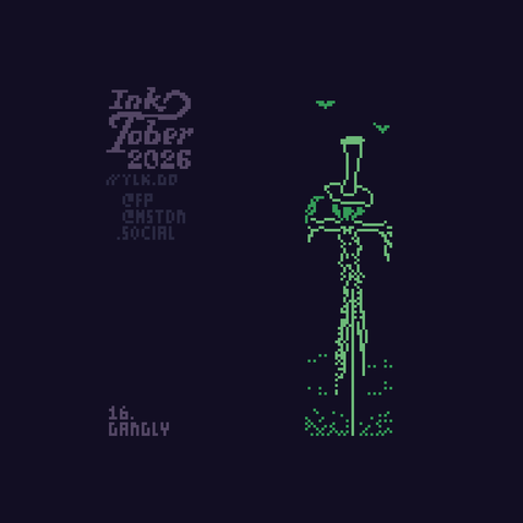 Pixel art of a gangly scare crow with a large top hat, pumpkin hat, fluttering rags for clothes and a crow sitting on its right arm