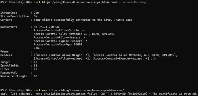 Screenshot of the difference in behavior between curl (alias for Invoke-WebRequest) and curl.exe within PowerShell