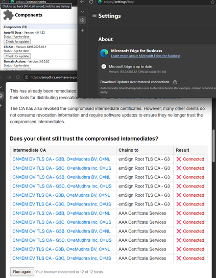 Screenshot showing up-to-date Edge, CRLSets, and failing tests.