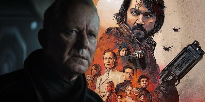 Illustration of cast of Andor with stars Diego Luna and Stellan Skarsgard prominent.