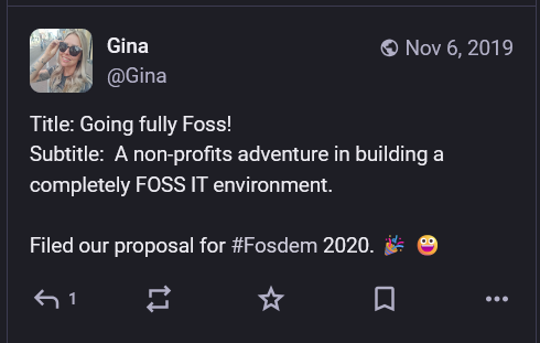 A mastodon post of us submitting a proposal to talk about our fully foss environment at Mama Cash