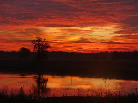Vor Sonnenaufgang, der östliche Himmel ist orange erglüht und spiegelt sich in der Elbe. Es gibt 2 Lücken in den Glutwolken, neben blauem Himmel sind verschiedene Wolkenstrukturen und bunte Farben zu sehen.