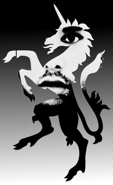 lieven looks straight at you through a heraldic unicorn silhouette.