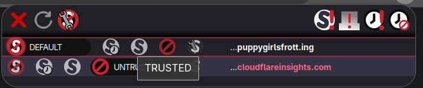 noscript menu showing DEFAULT with the cursor hovering over TRUSTED with the domain "...puppygirlsfrott.ing"
