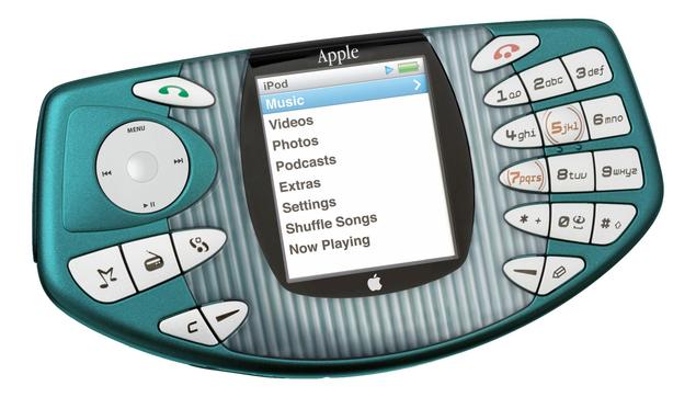 An Apple iPod device with a teal blue casing and a keypad. The screen displays a menu with options for Music, Videos, Photos, Podcasts, Extras, Settings, Shuffle Songs, and Now Playing.