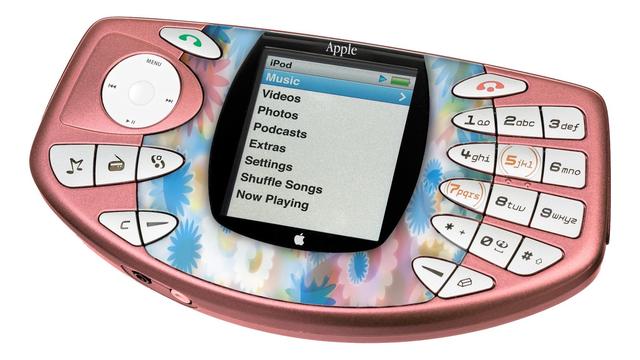 An Apple device resembling an early mobile phone or media player. It features a colorful floral design, a circular control pad, and a screen displaying a menu with options like Music, Videos, Photos, Podcasts, and Settings. The device has various hardware buttons.
