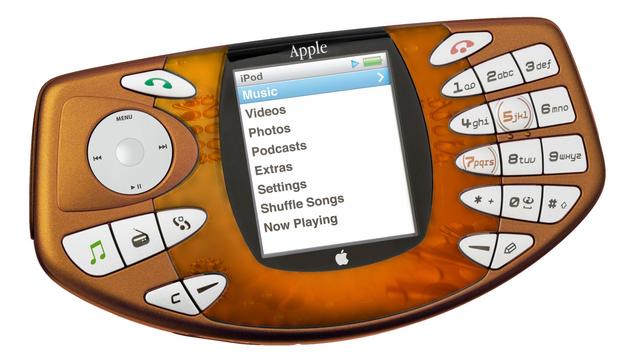 An Apple iPod design featuring a touchscreen display and multiple buttons for navigation. The interface shows a menu with options like Music, Videos, Photos, and Podcasts. The device has a unique orange color scheme.