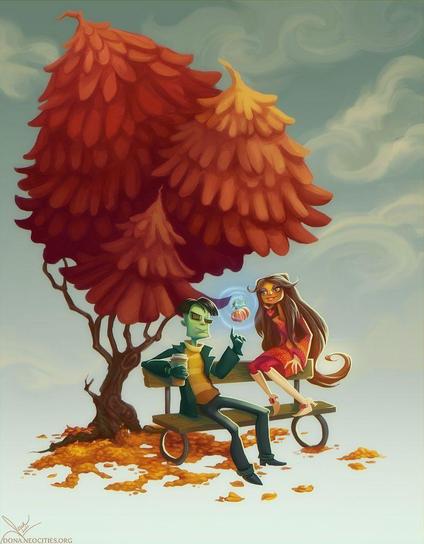 Sasha and Milla enjoying an autumn day on a park bench, beneath chunky red and orange trees. Sasha is holding a large coffee cup and levitating a tiny pumpkin with his finger, while Milla sits on the bench back rest, looking amused.
