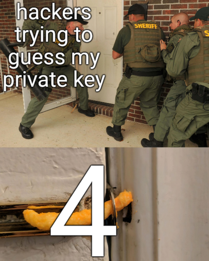 Cheeto locked door meme template where the top panel is labelled "hackers trying to guess my private key" and the bottom is "4"