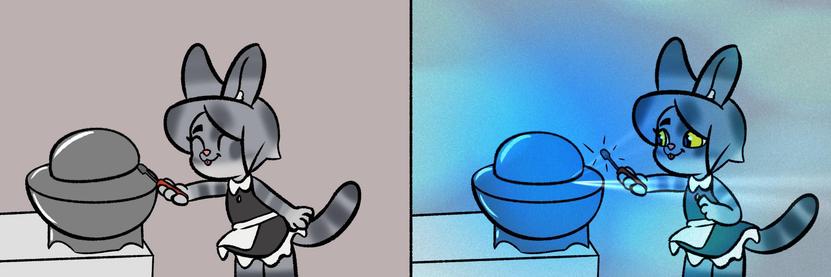 Two panel comic by soggygoat showing a catgirl in a maid outfit taking out the screwdriver from the demon core with a glowing success