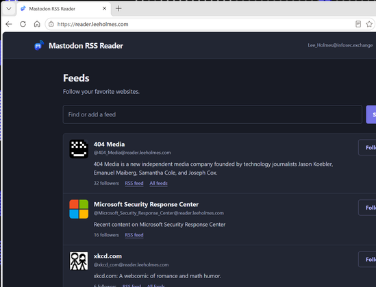 Screen shot of reader.leeholmes.com showing a favicon of the Mastodon logo with little RSS arcs coming off the top right.