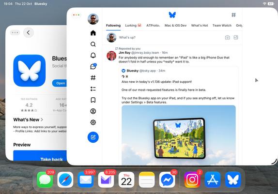Bluesky app opened on my iPad in a window, with the AppStore window behind it