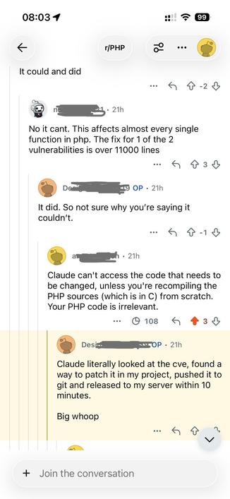 Screen shot of a Reddit thread, with someone insisting Claude could fix user-space PHP to mitigate lower-level CVEs.