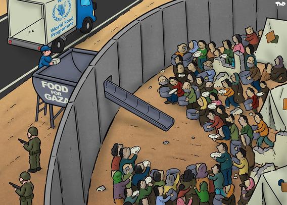 Outside a tall grey concrete wall, a World Food Programme worker tips a very small package into a chute labeled 'Food for Gaza' that carries it through the wall. Behind the wall, a dense crowd of people in a tent camp with bowls and plates form the shape of a giant head with an open mouth, desperately waiting for food. Behind the WFP worker, we see an empty truck, while two soldiers stand guard to make sure no one from Gaza escapes.