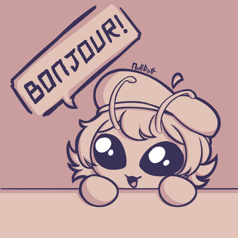 A small alien girl with a Beret saying "Bounjour"