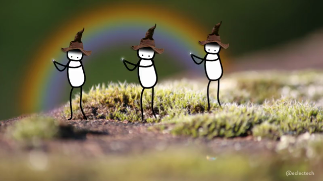 Looping animation. The set is a photo of a mossy stone wall top. There is a faint rainbow arching across. Three simple figures stand side-by-side, moving from left to right with a clap of the hands that generates a sparkling star.  They wear crooked dark brown witches hats.