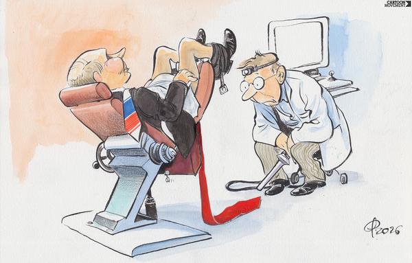 Cartoon "Mister... President?" from the year 2026. Putin sits on a tilted examination chair at the proctologist's office. The doctor stares in dismay at the Russian president's backside, from which a long red tie hangs down to the floor.