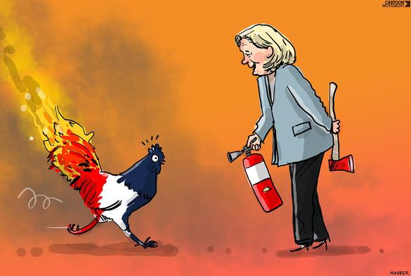 Cartoon showing Marine Le Pen aiming a fire extinguisher at a French tricolor rooster with flaming tail feathers while secretly holding an axe behind her back.