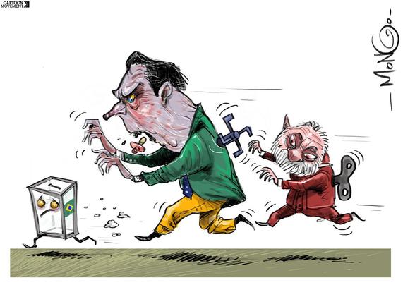 A political cartoon showing Flávio Bolsonaro y Lula da Silva in a neck and neck race, chasing a ballot box. Both Lula and Bolsonaro have a wind-up key sticking out of their back; Bolsonaro's key is shaped like a swastika.