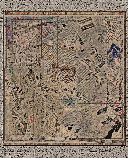 The composition is in mostly an aged pale brown, with bits of red and blue, resembling an old colour photograph. Different sized text, writing, and fragments of illustrations are patched together.