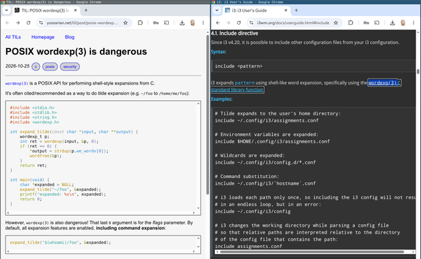 screenshot of a blog post stating wordexp(3) is dangerous on the left side, and the i3 user guide showing these same wordexp behaviors as useful features on the right side
